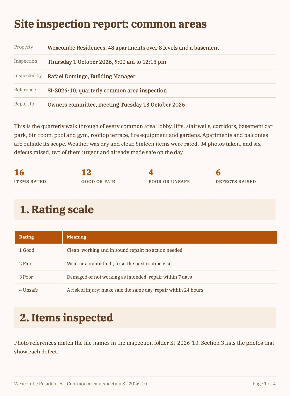 Site inspection report template with condition ratings and a photo log example