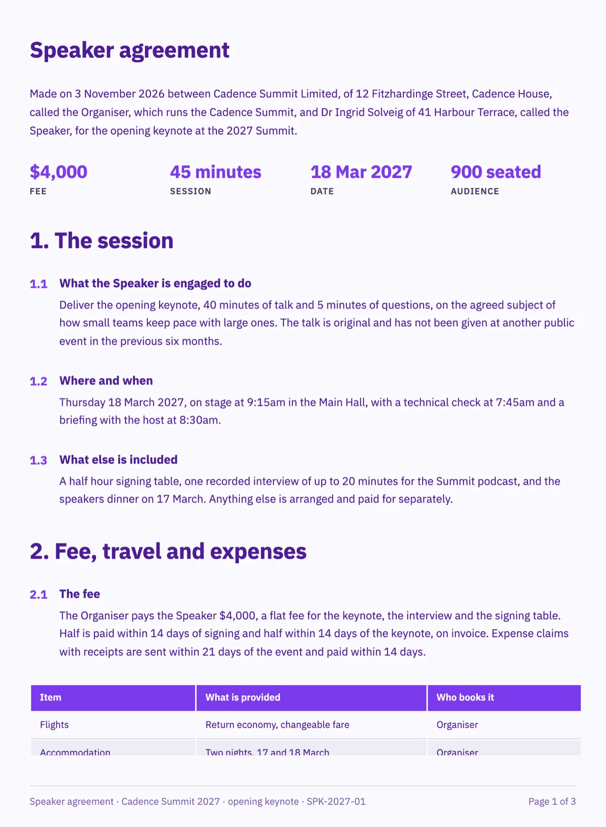 Speaker agreement template covering the fee, travel and the recording example