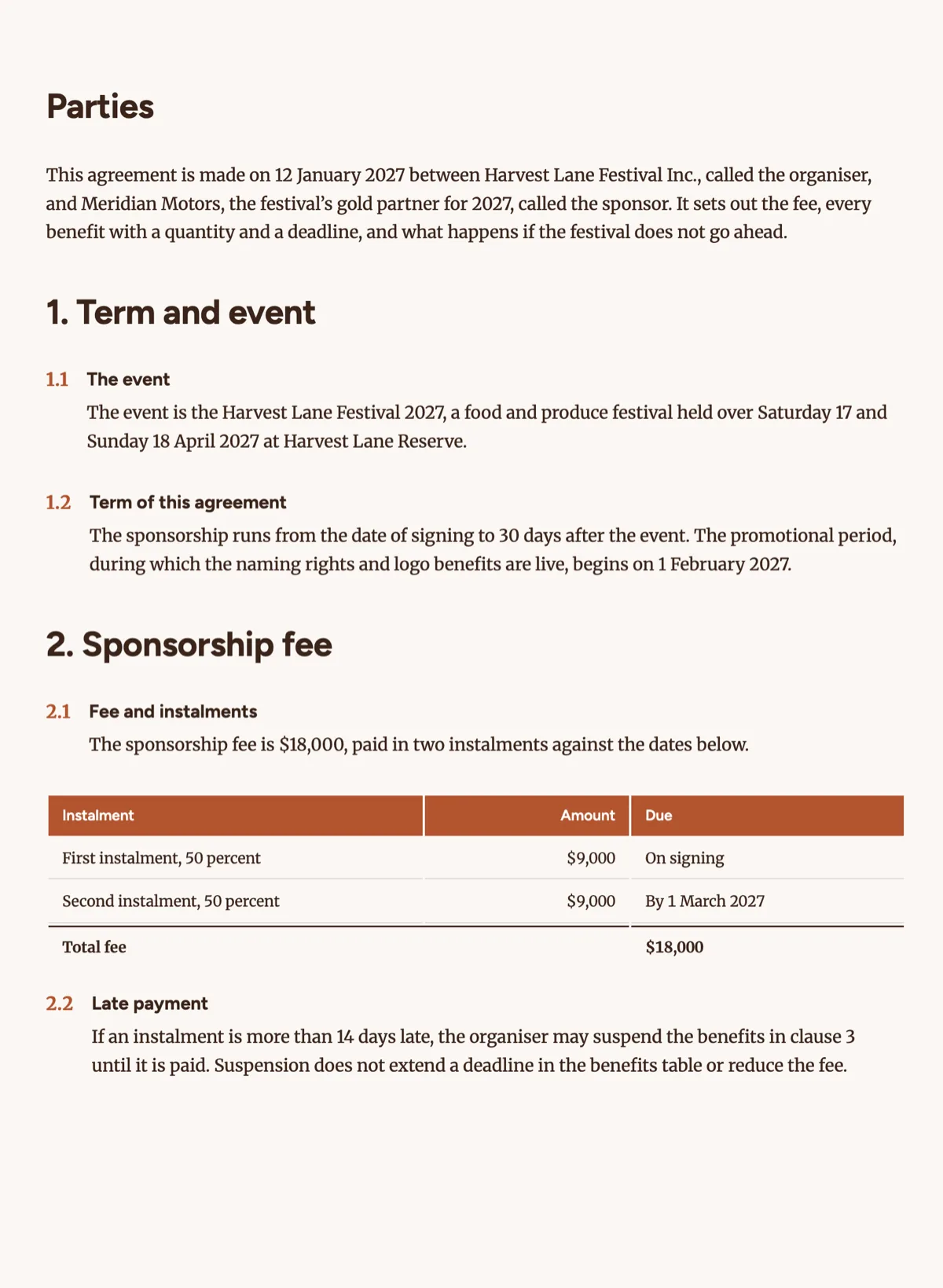 Sponsorship agreement template that lists every benefit with a number example