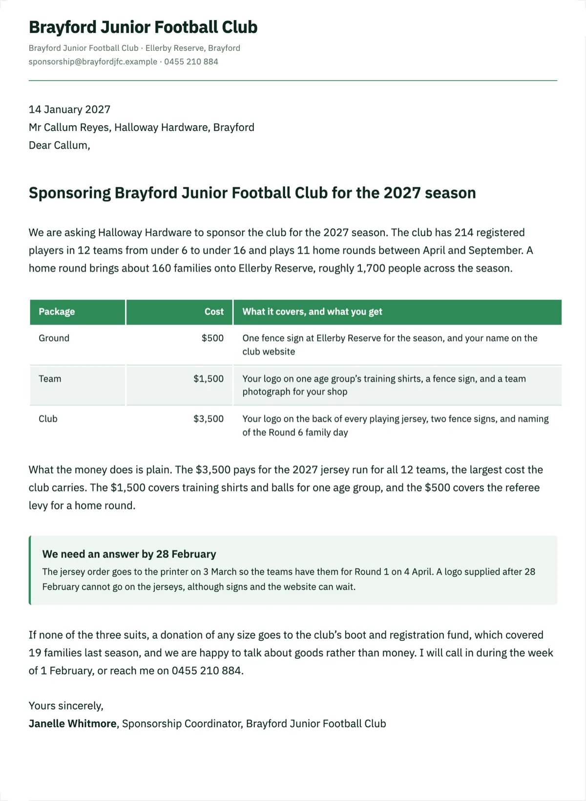Sponsorship request letter with three packages and what each one buys example