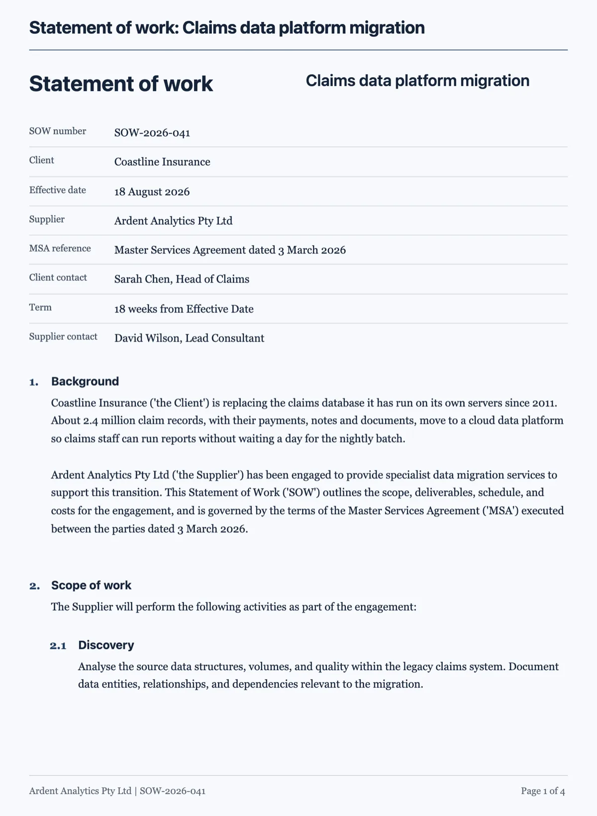 Statement of work template under a master agreement example