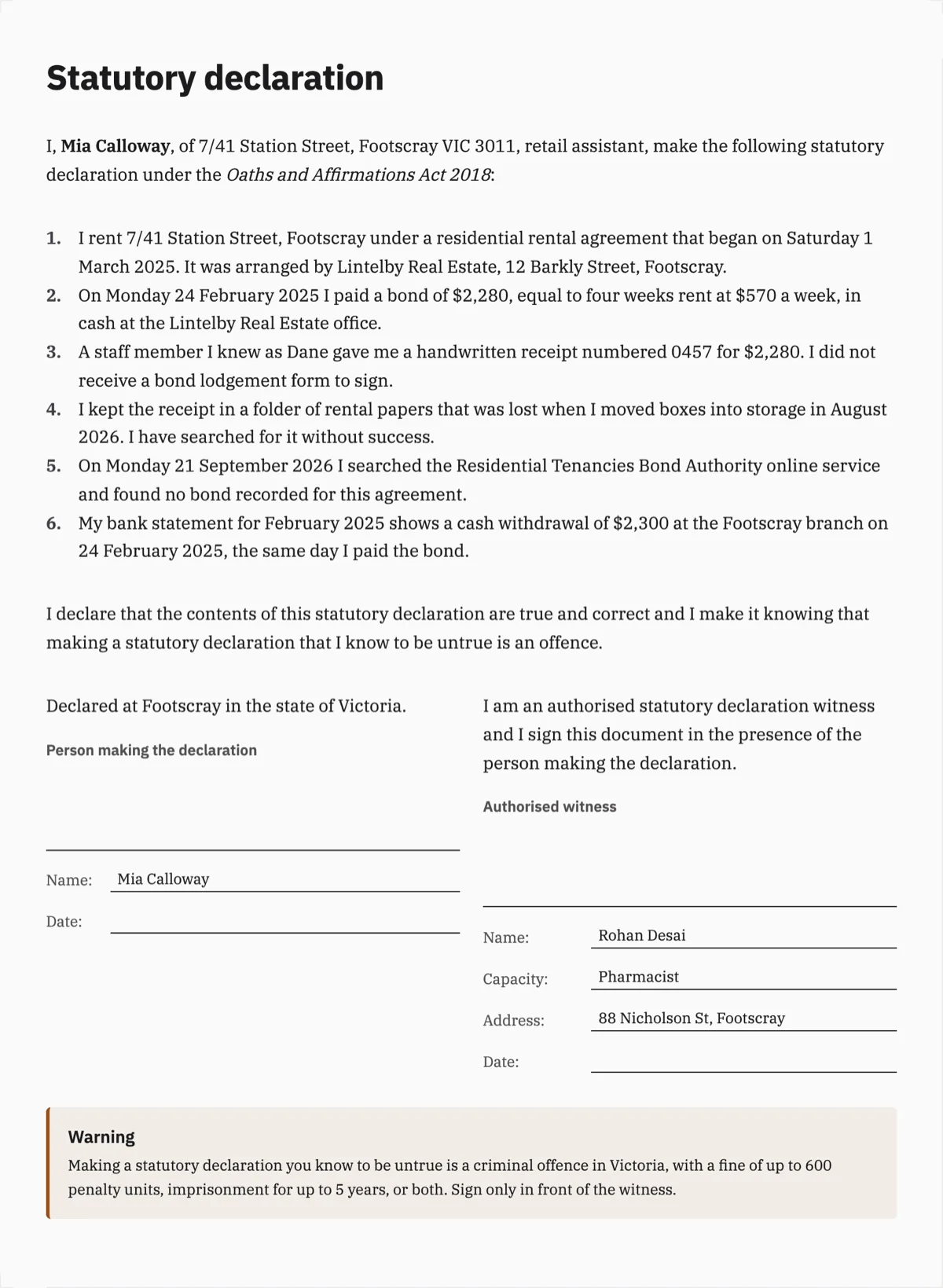 Statutory declaration template in the correct Victorian form example