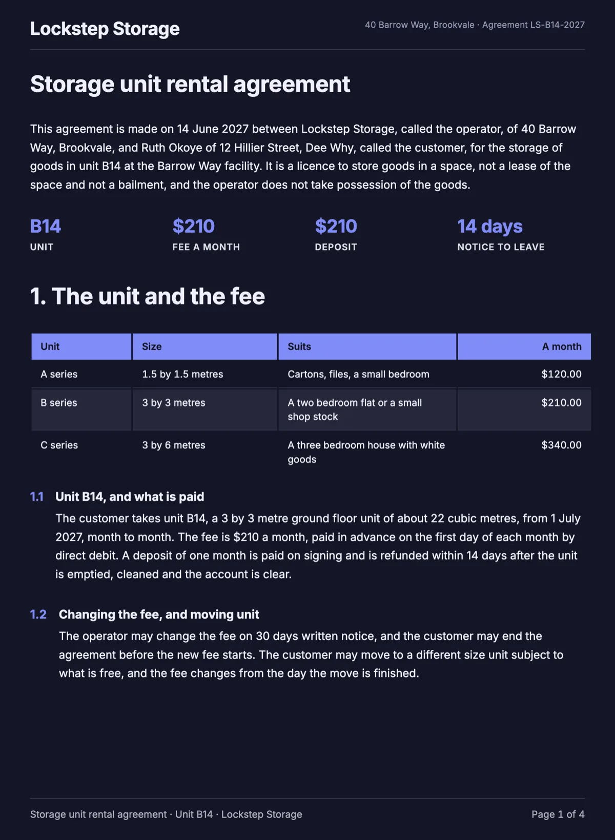 Storage unit rental agreement with access hours and a lien clause example