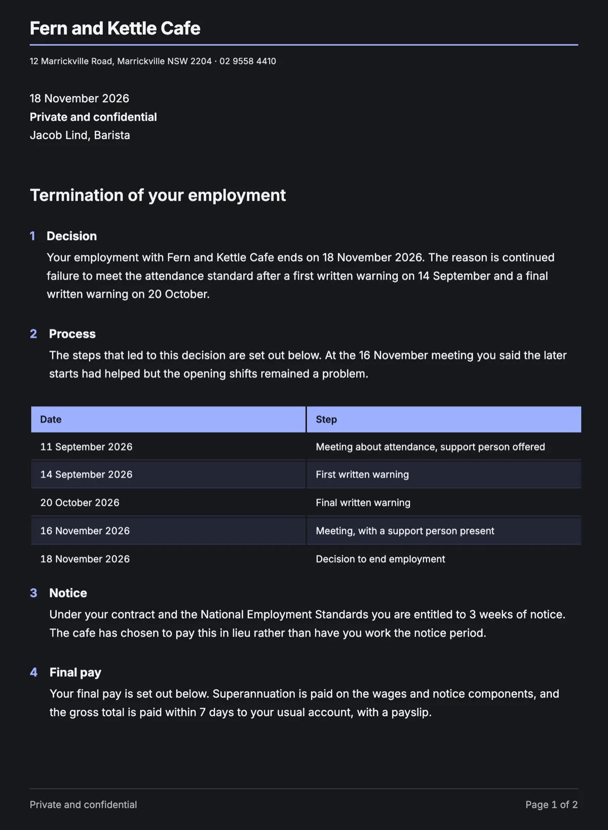 Termination letter template that shows the final pay example