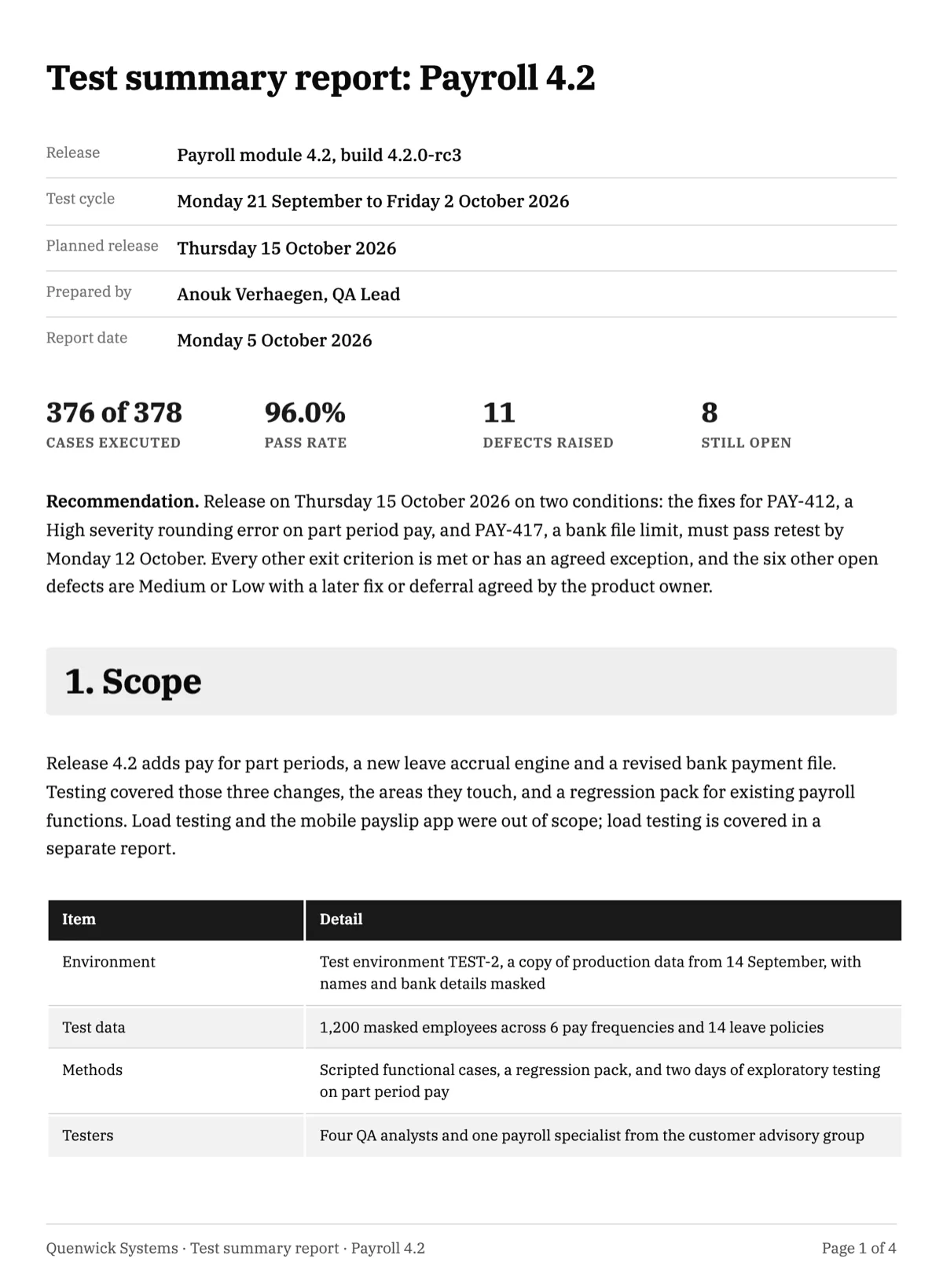 Test report template with cases by area, a pass rate chart and open defects example