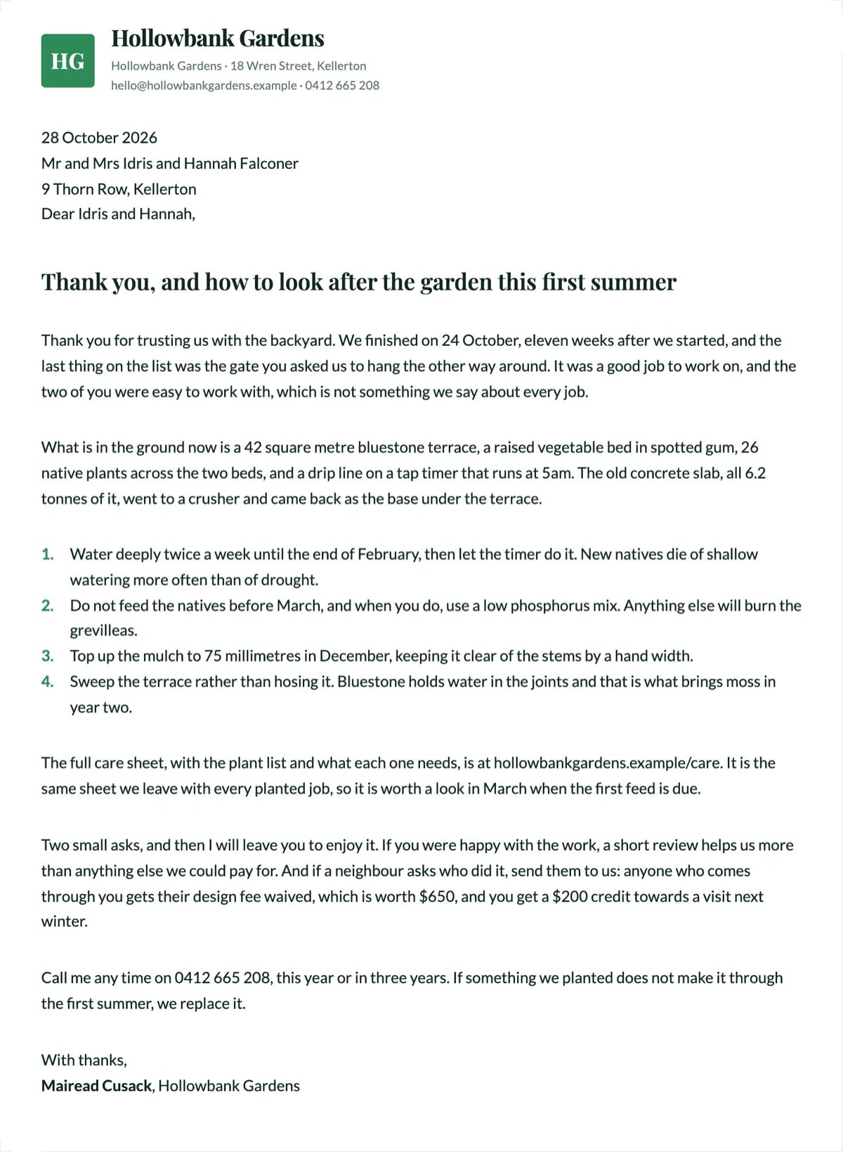 Thank you letter to a client after a completed project example