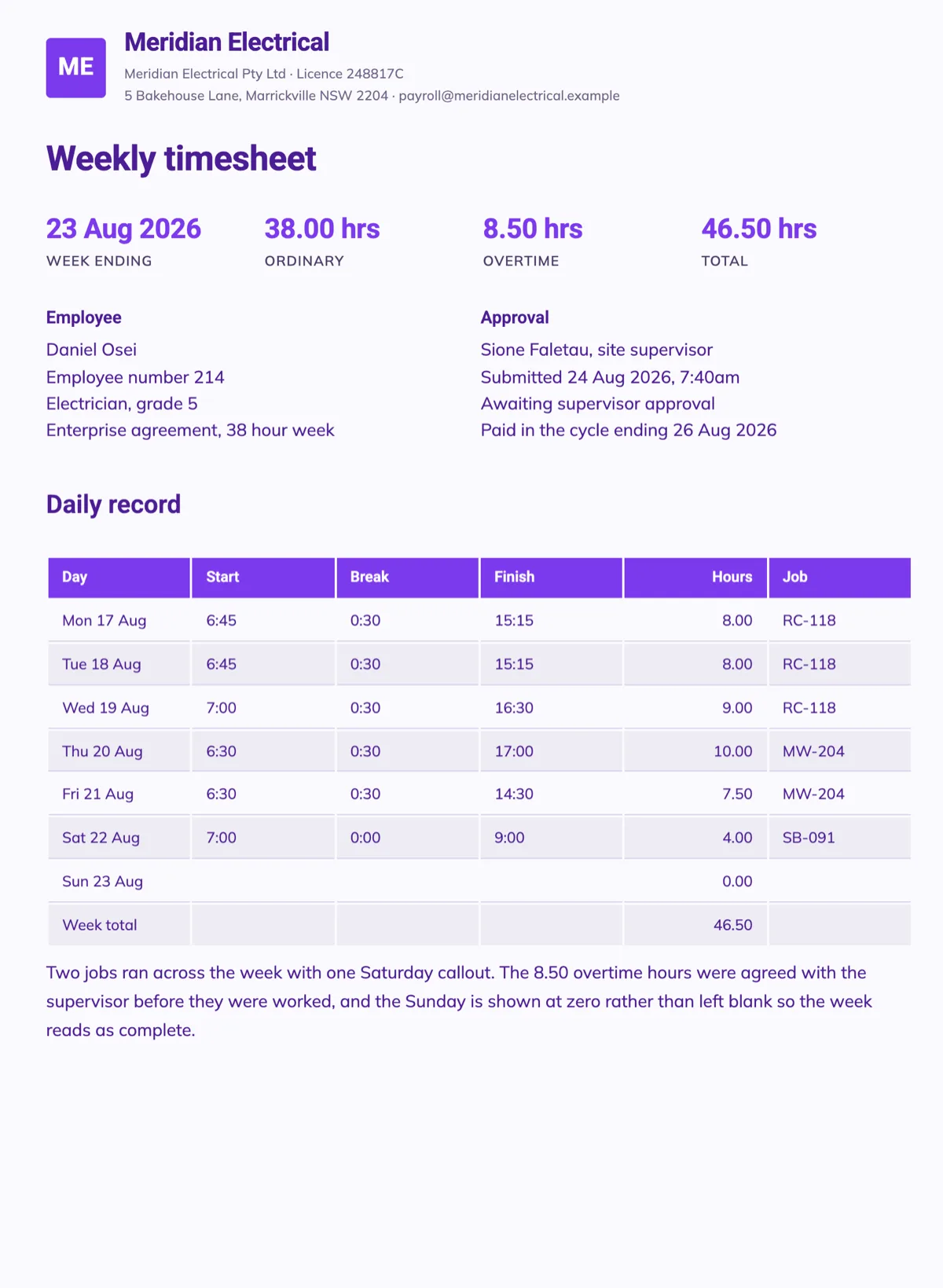 Weekly timesheet example