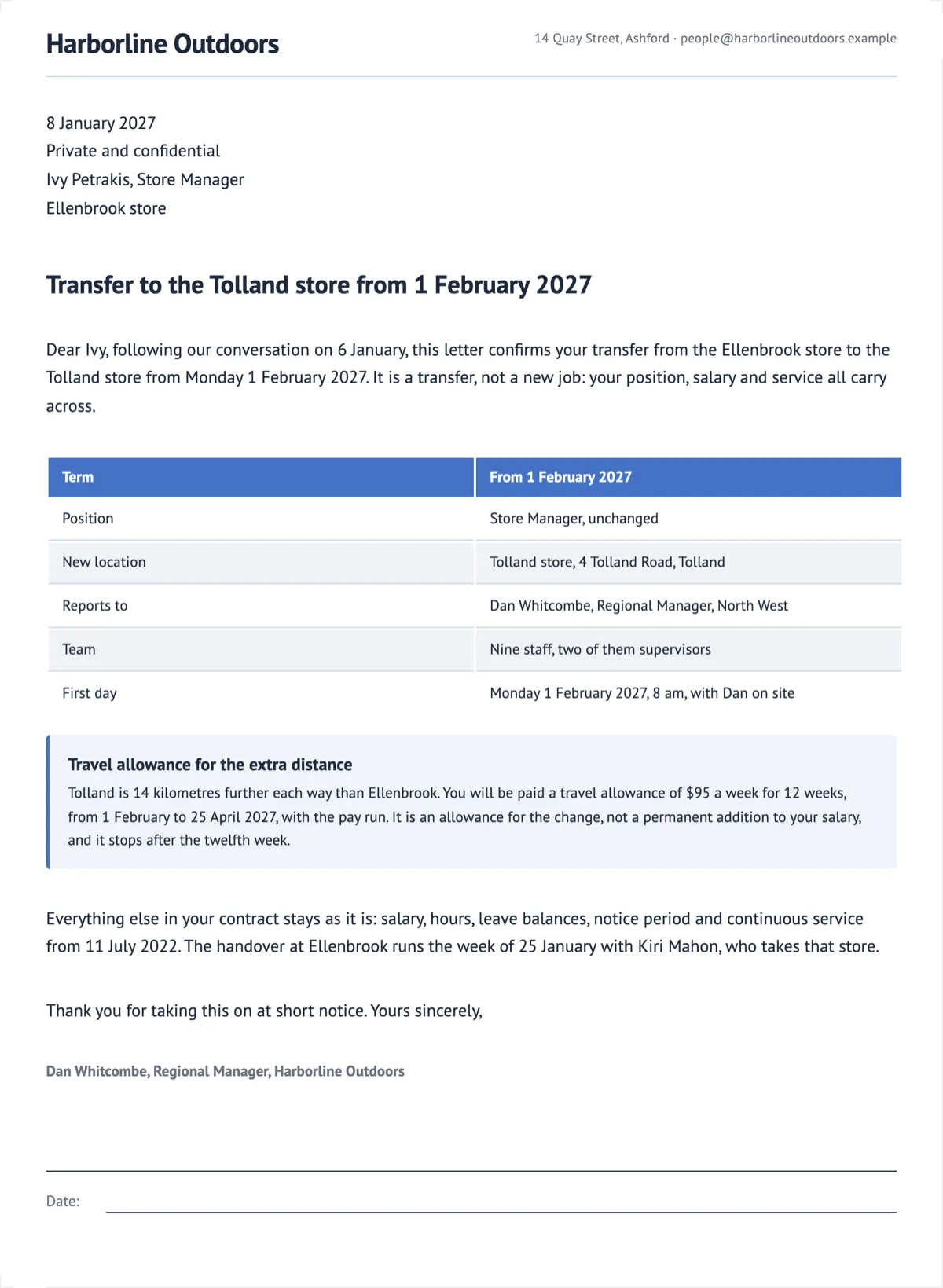 Employee transfer letter naming the new site, the manager and the start date example