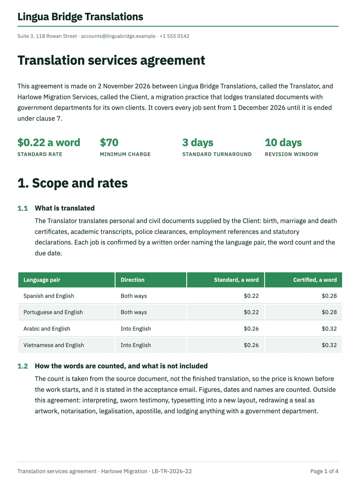 Translation services agreement with word rates and turnaround bands example