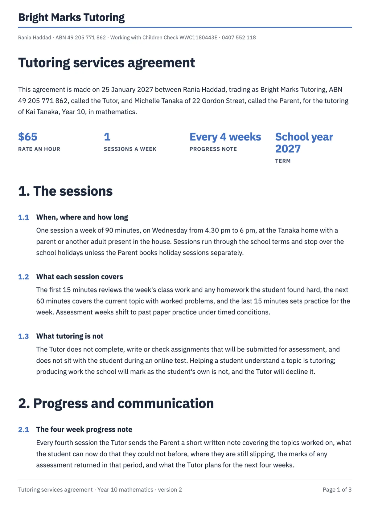 Tutoring agreement template with weekly sessions and progress notes example
