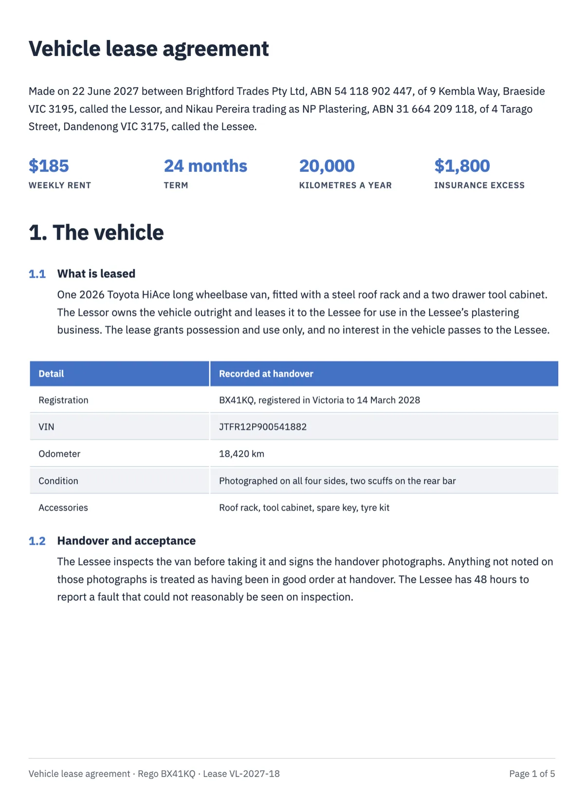 Vehicle lease agreement template with a kilometre cap example