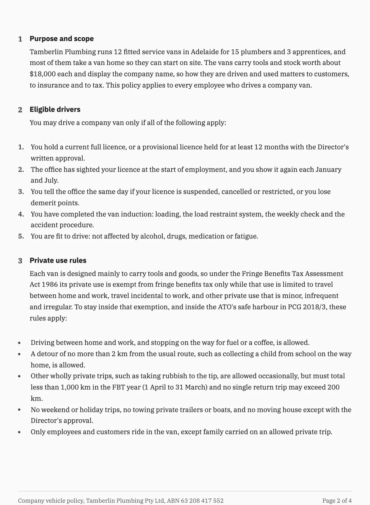 Company vehicle policy template for work vans, with private use limits example