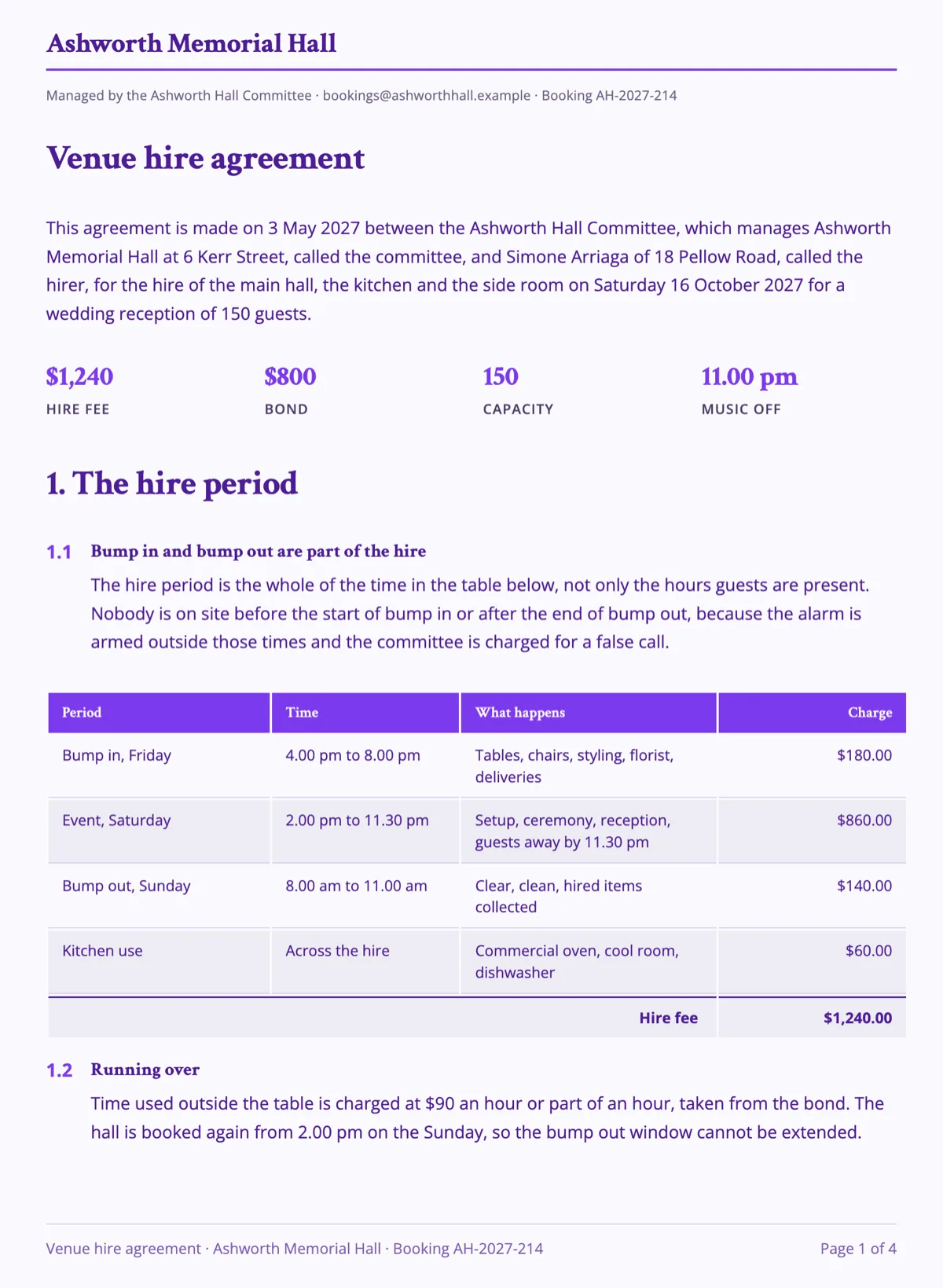 Venue hire agreement template with bump in, noise and a bond example