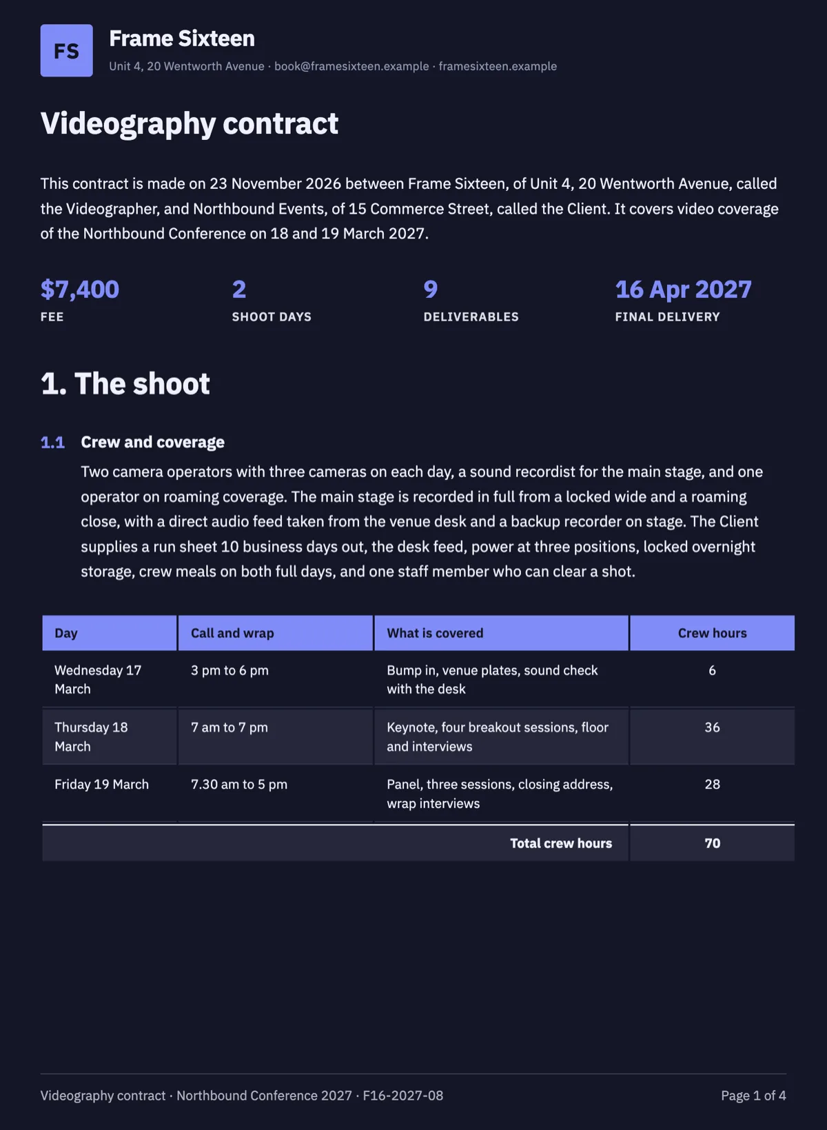 Videography contract template with shoot days and a delivery table example