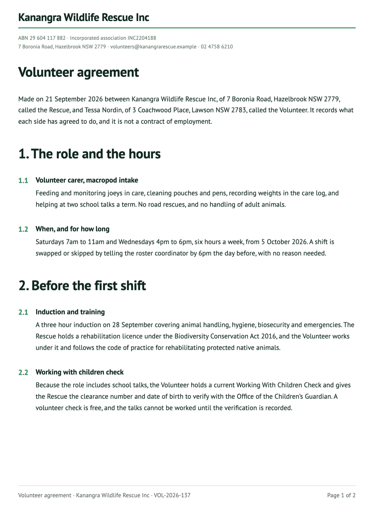 Volunteer agreement template that sets the role, the hours and the expenses example