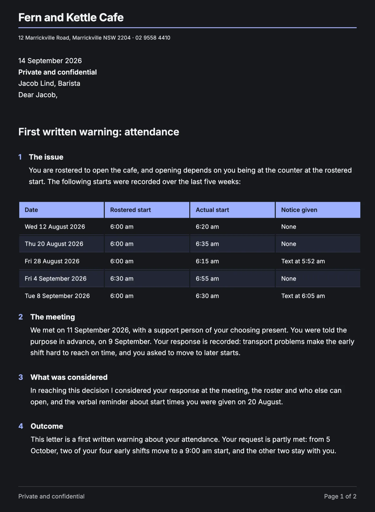 Written warning letter template that records the process, not just the problem example