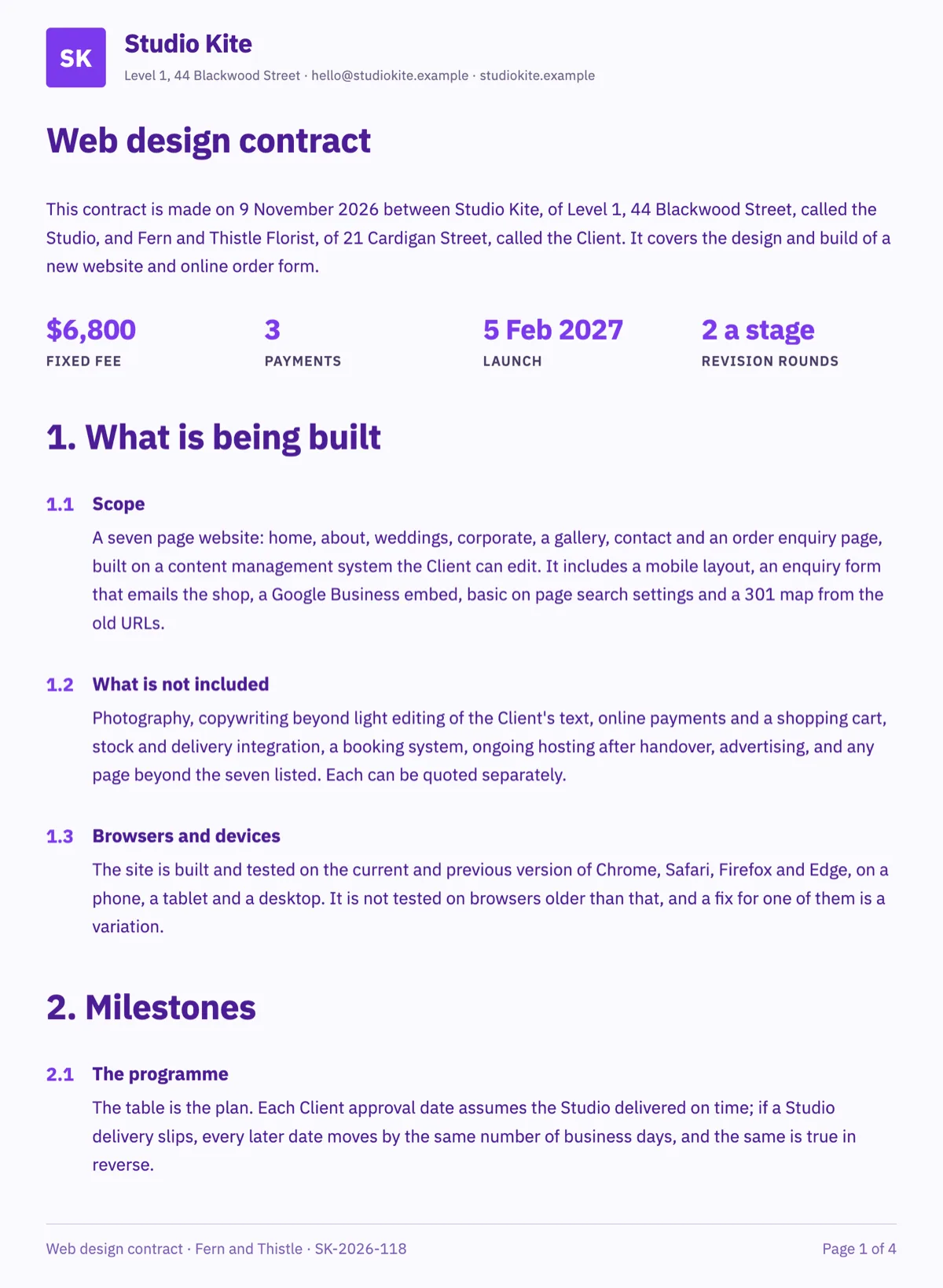 Web design contract template with milestones and revision rounds example
