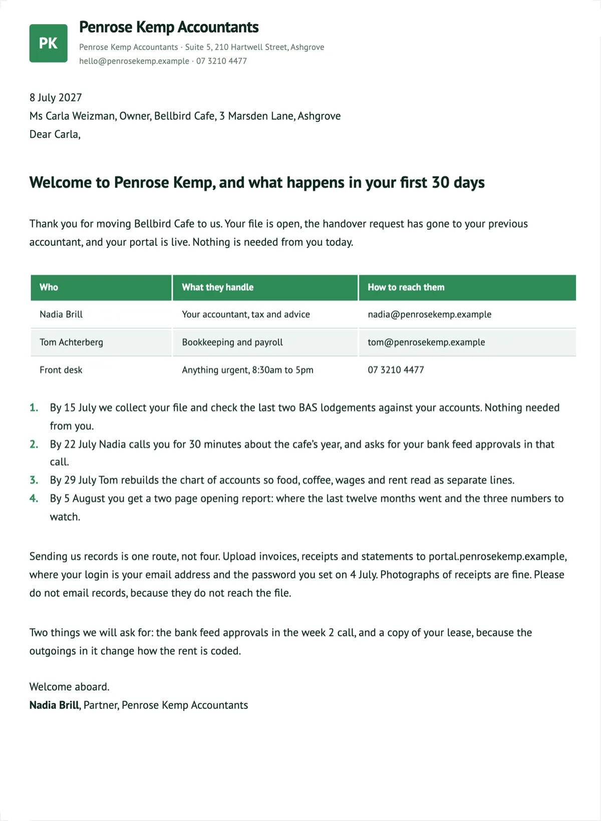 Welcome letter to a new client, with contacts and a first 30 days example