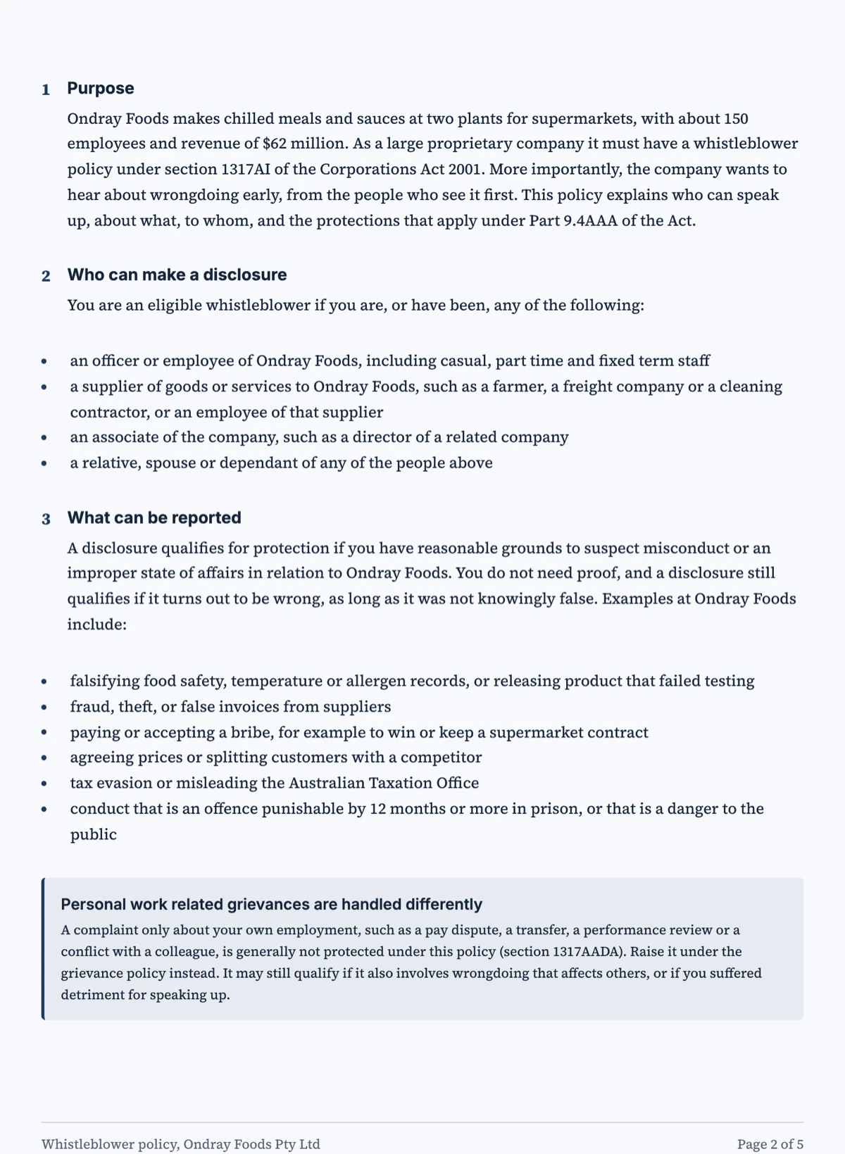 Whistleblower policy template with an eligible recipients table example