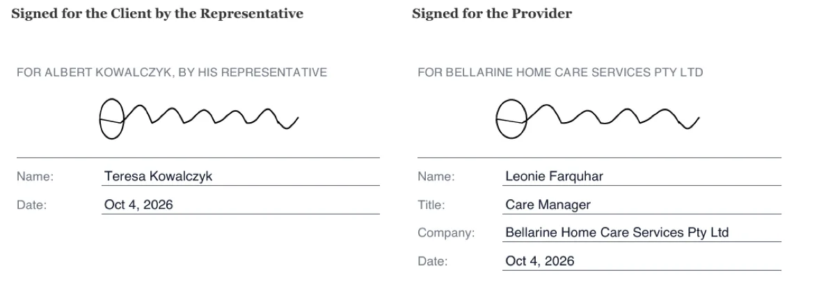 Sign an aged care service agreement online example