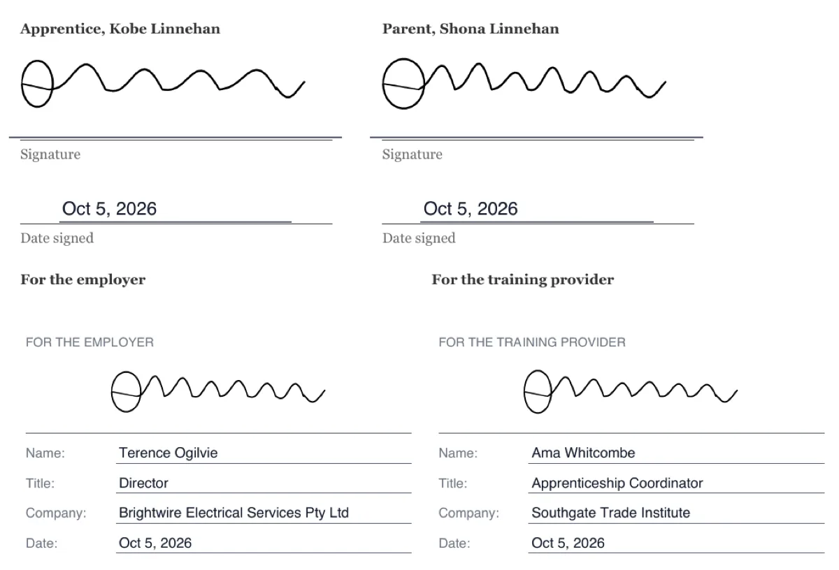 Sign an apprenticeship training contract online example