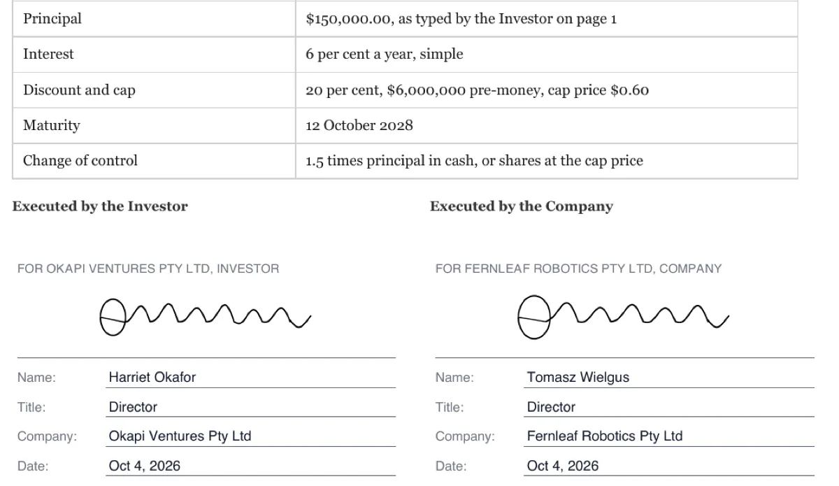 Sign a convertible note online example