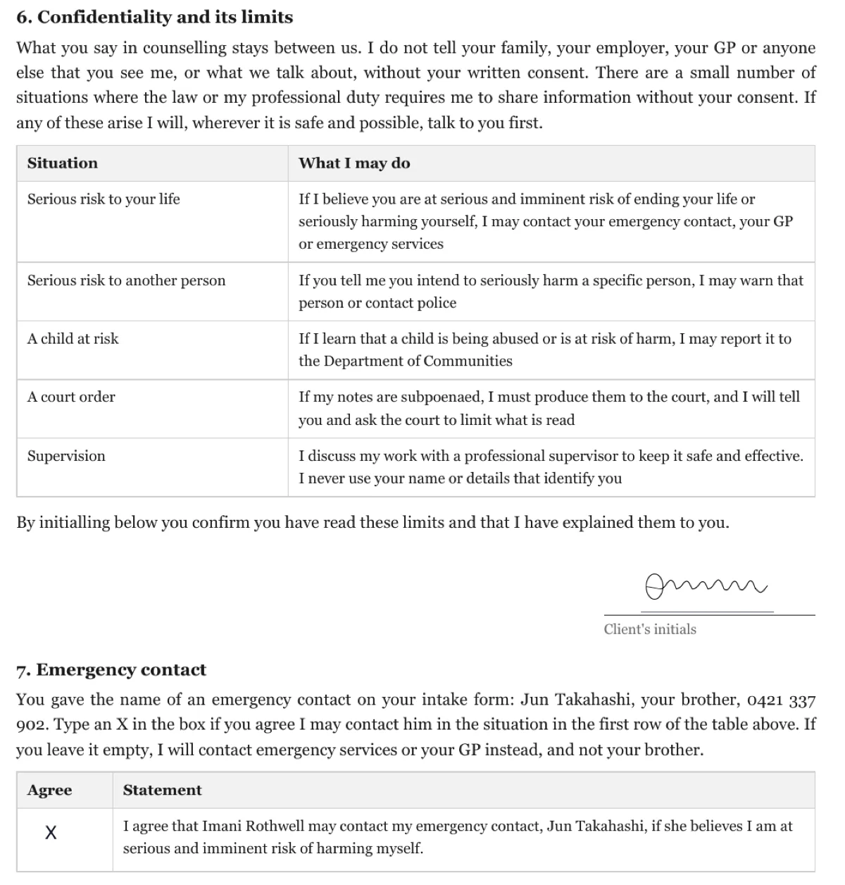 Sign a counselling agreement online example