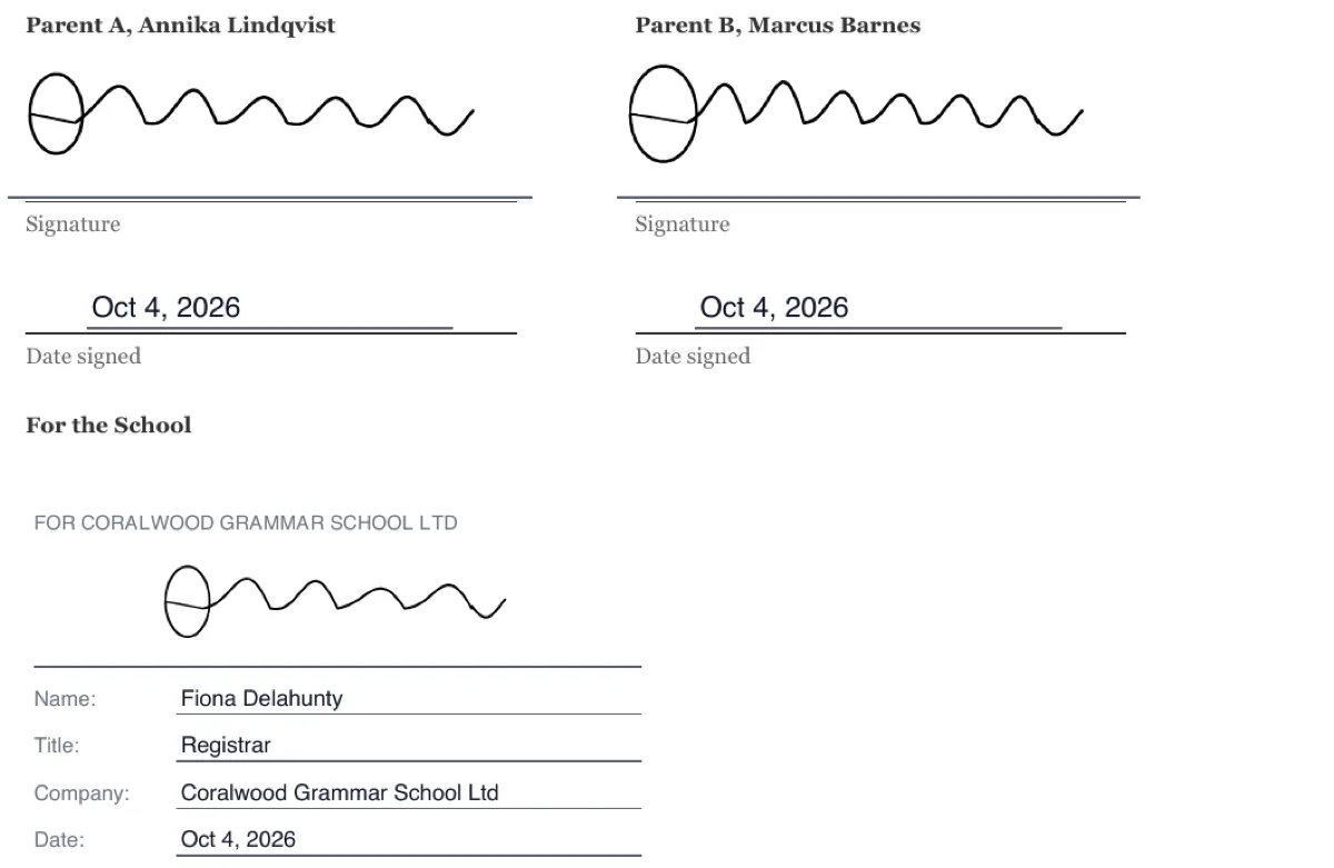 Sign a school enrolment contract online example