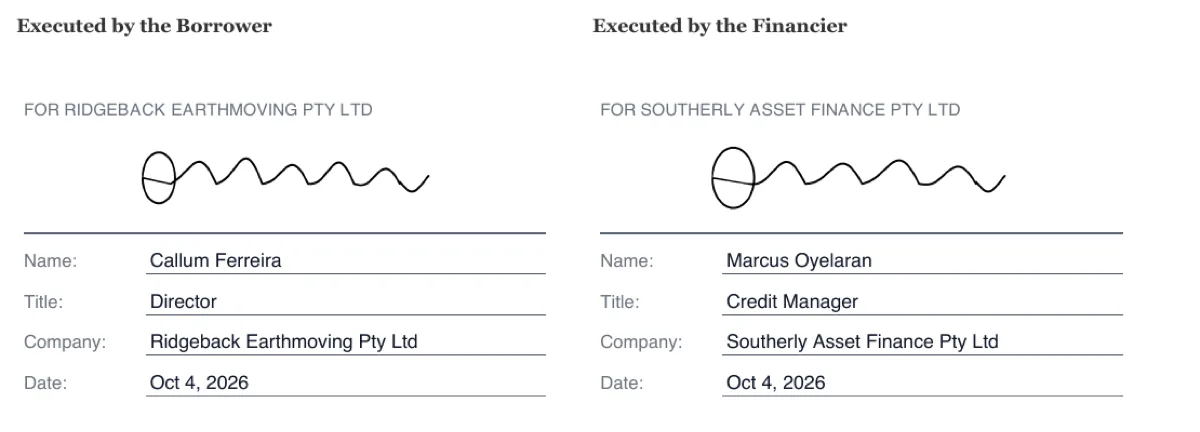 Sign an equipment finance agreement online example