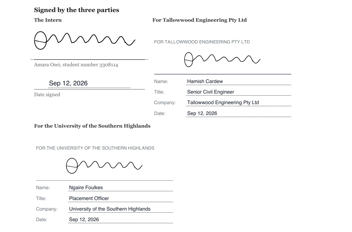 Sign an internship agreement online example