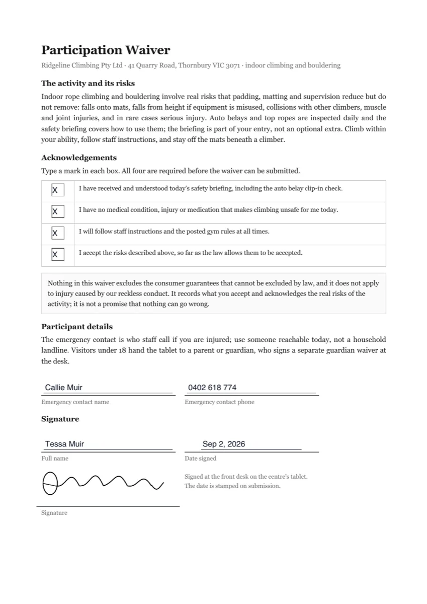 Sign a waiver online example