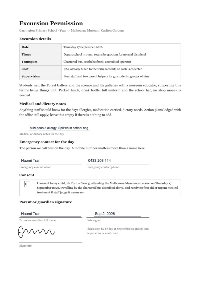 Permission slip e-signature example