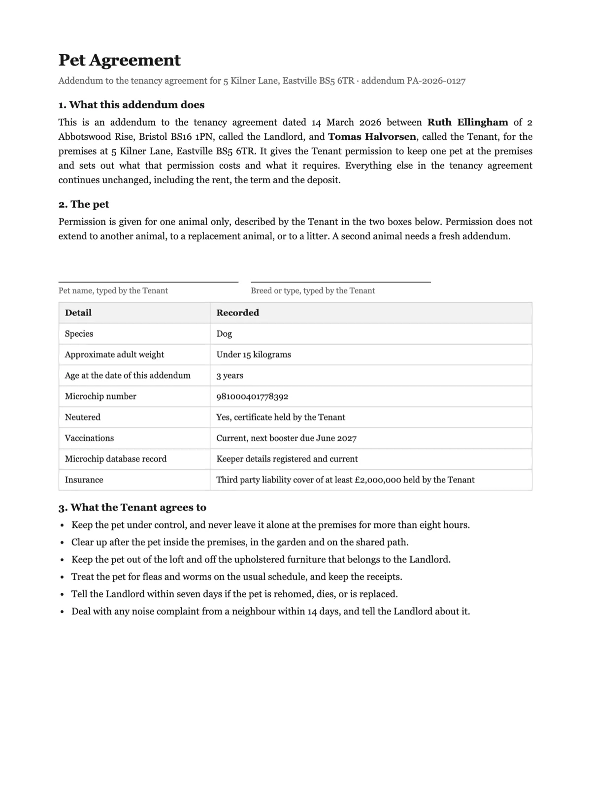 Sign a pet agreement online example