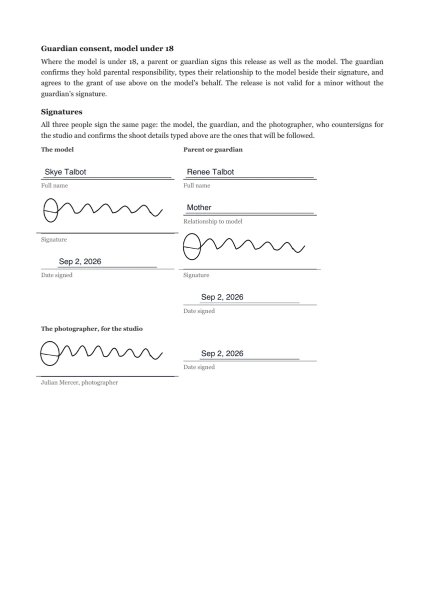 Photo release form signature example