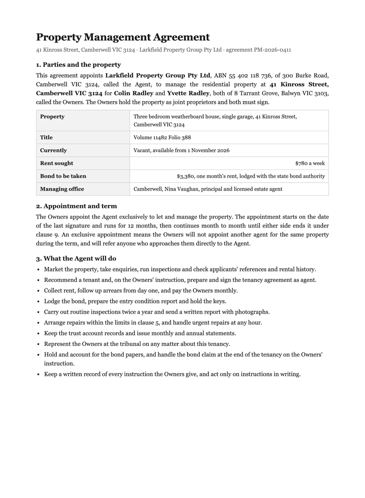 Sign a property management agreement online example