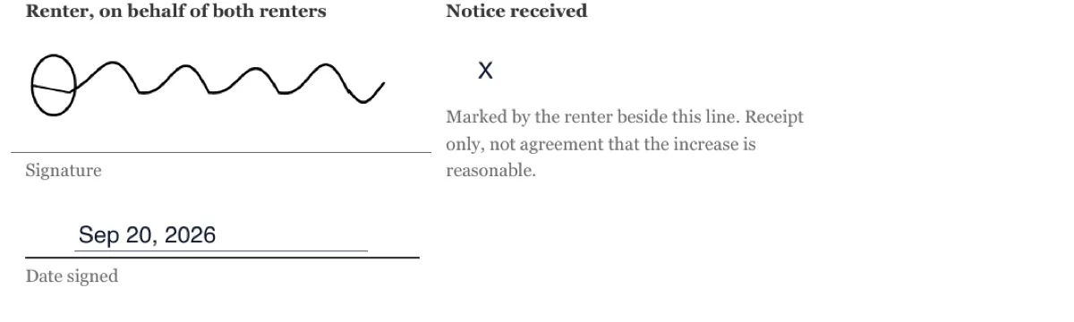 Rent increase notice acknowledgement e-signature example