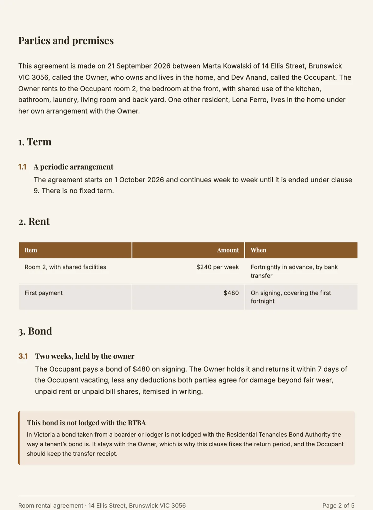 Sign a room rental agreement online example