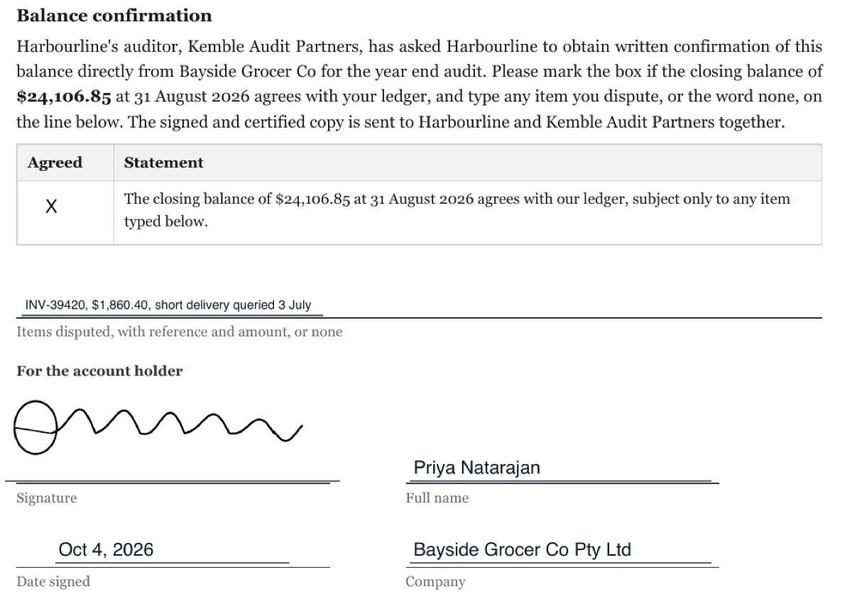 Statement of account confirmation e-signature example