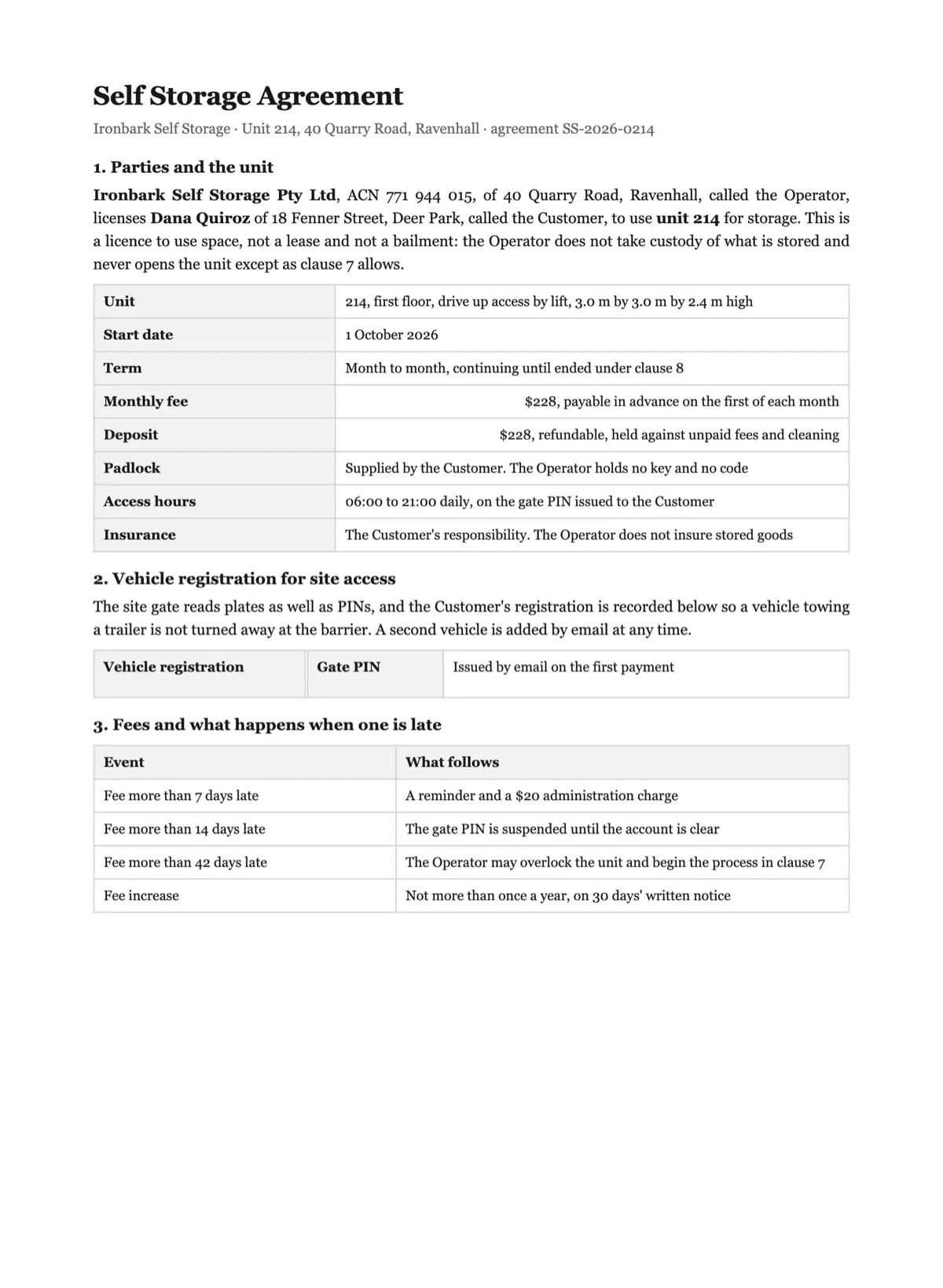 Sign a storage unit agreement online example