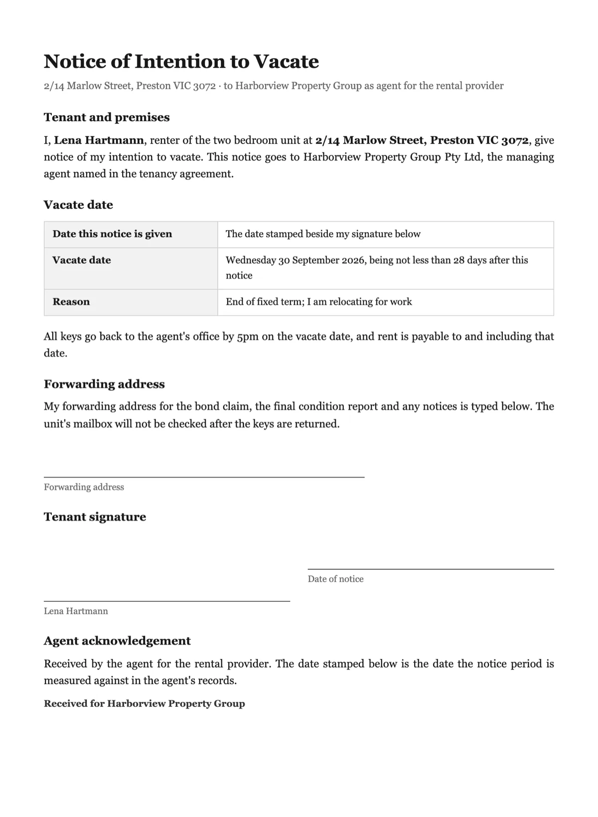 Notice to vacate signature example