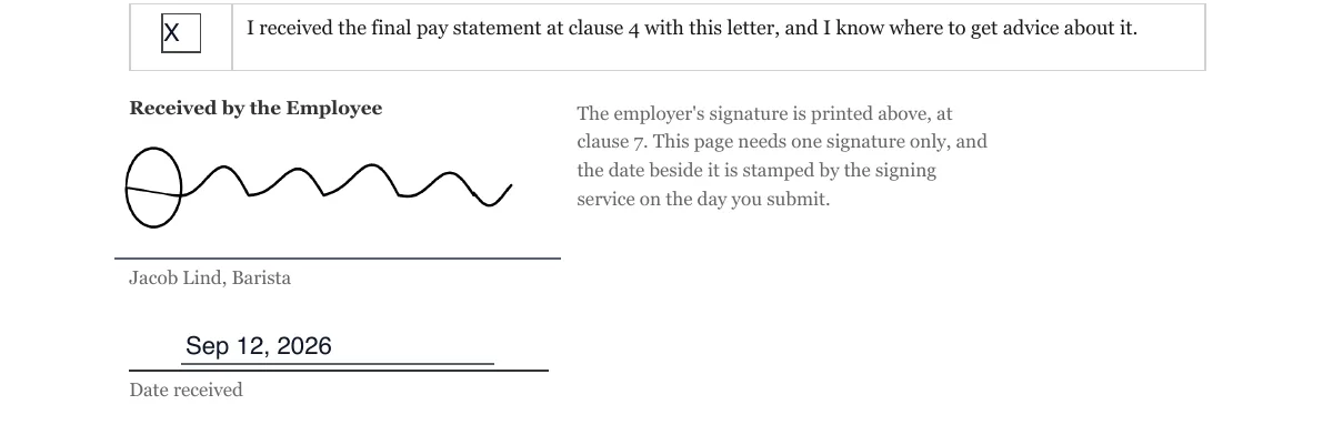 Termination letter acknowledgement e-signature example