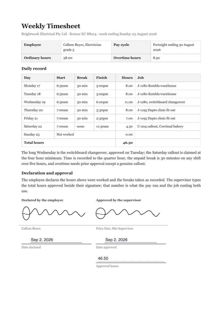 Timesheet approval e-signature example