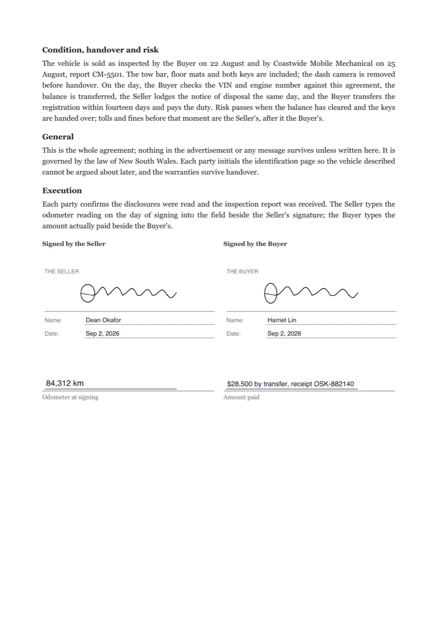 Sign a vehicle sale agreement online example