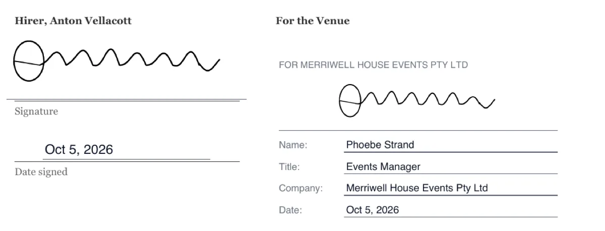 Sign a venue hire agreement online example