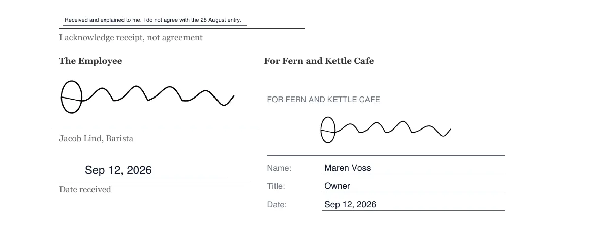 Sign a written warning acknowledgement online example