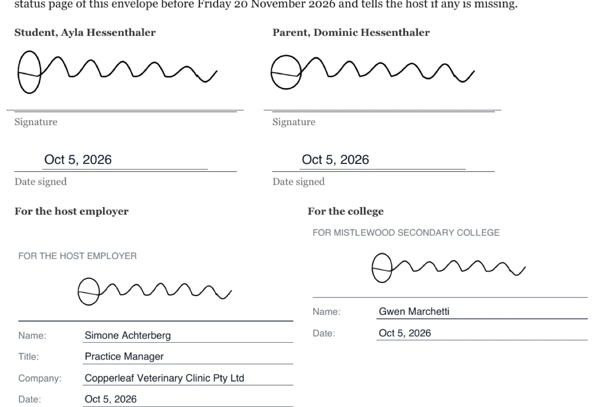 Sign a work placement agreement online example