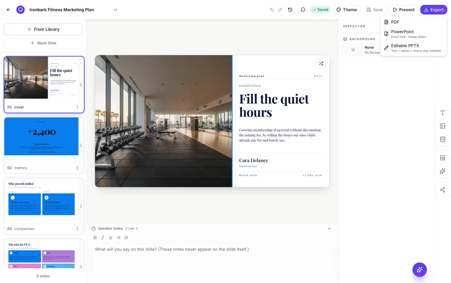 The export menu open on a deck, showing PDF, PowerPoint and Editable PPTX