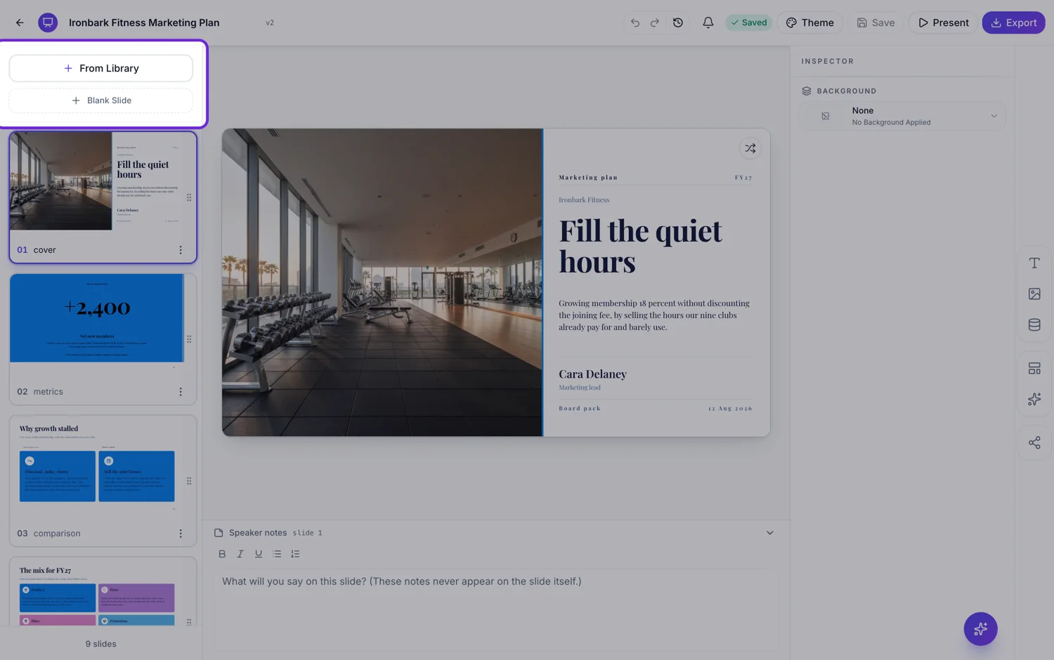 The slide rail and the From Library button in the slide builder, highlighted