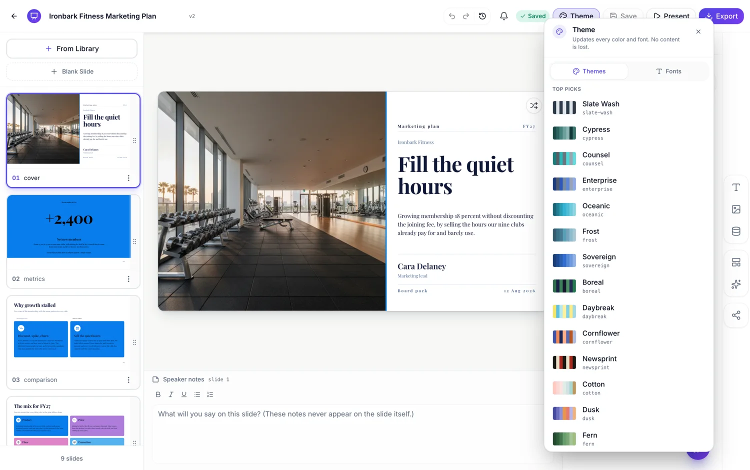 The theme panel open on a deck in the slide builder