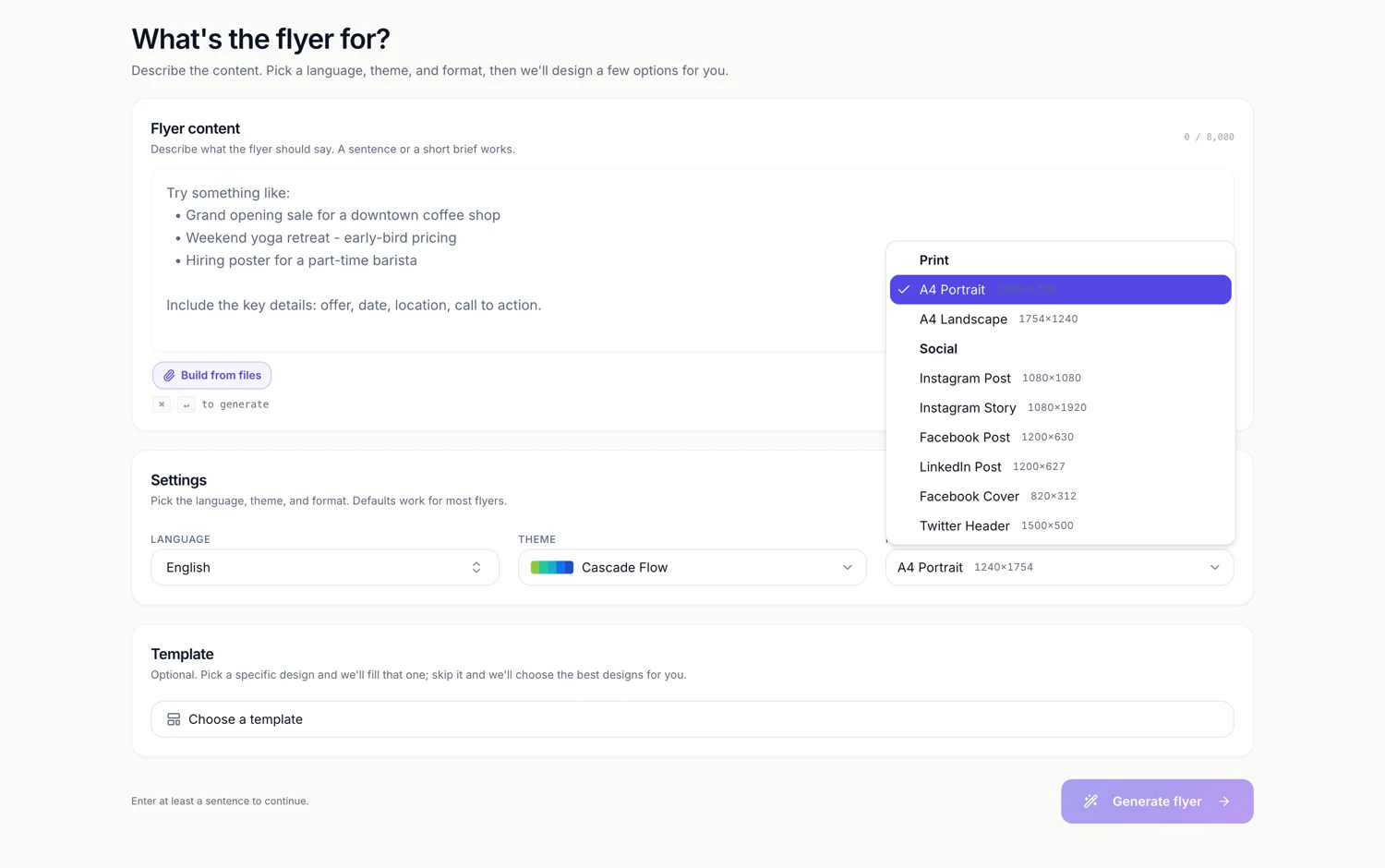 The flyer format list open, showing all eight canvas sizes with their pixel dimensions